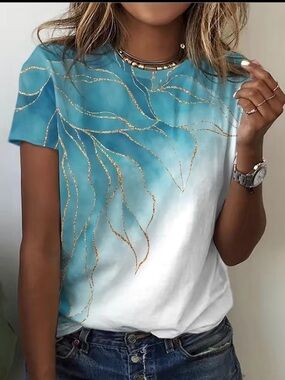Women's Teal and White Ombre Short Sleeve Top with Gold Leaf Detail